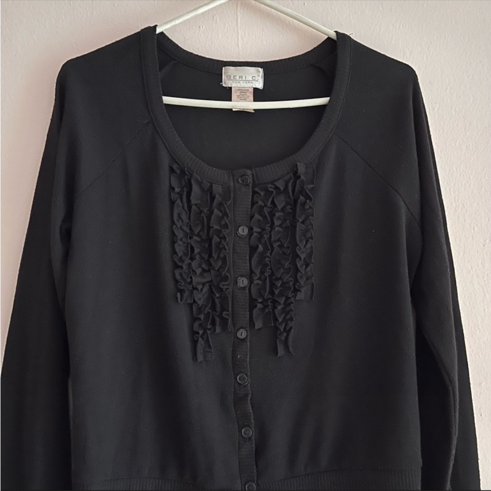 Black cardigan with ruffle design at the bodice Sz L Women's sweater